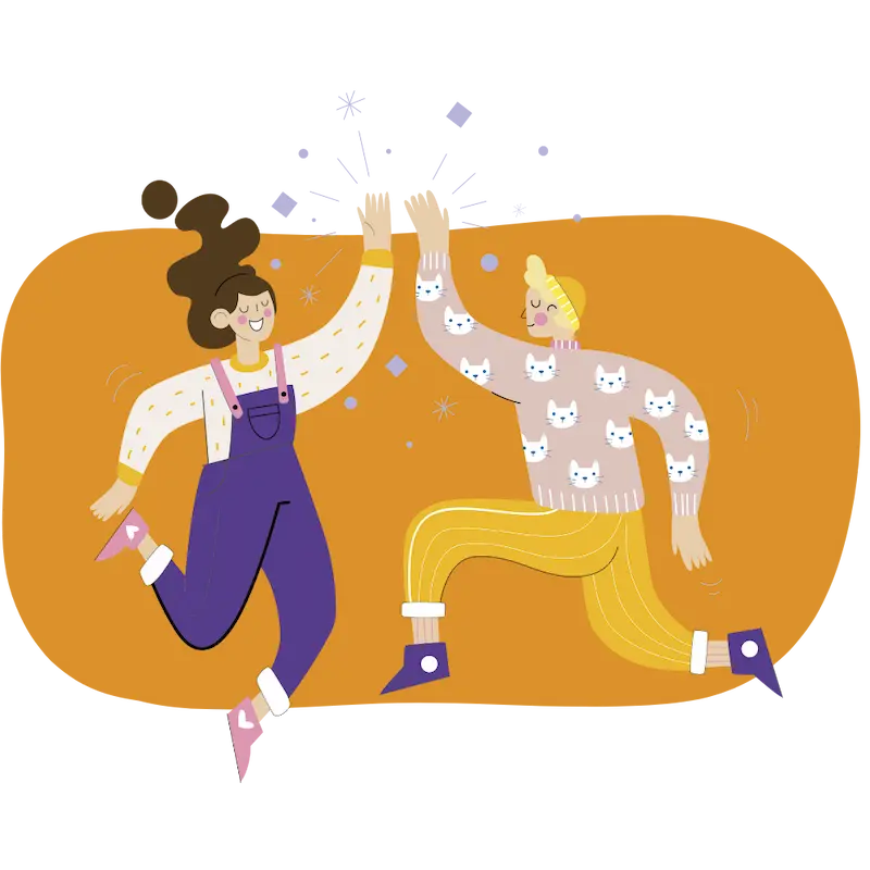 Un dessin en flat design de deux personnes qui se tapent dans la main. Le dessin est coloré et fun ( un des personnage à un pull avec des têtes de chat ! )