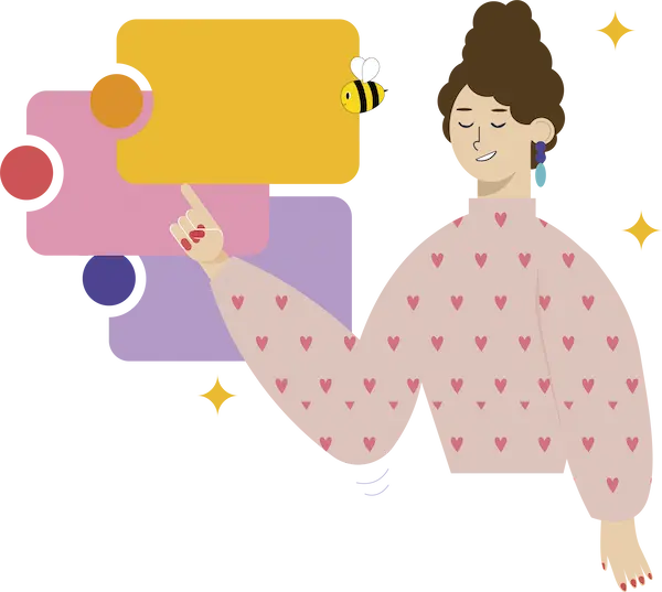 Un dessin en flat design d'une femme avec un pull rose à coeur qui montre du doigt des espèces d'onglets colorés